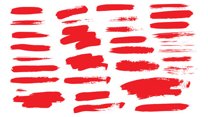 Set of drawn grunge red brush strokes isolated on white background, paintbrush vector collection, painted rectangular diagonal shapes of different shapes and thicknesses, set of strokes for text