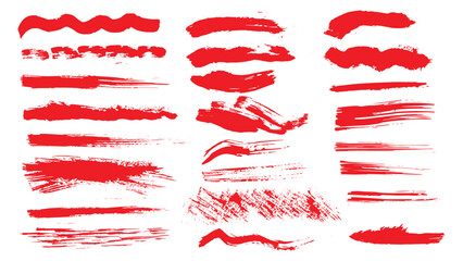 Collection of red brush strokes of different shapes and sizes, wavy and straight lines made with ink, grunge paint roller, vector brush stroke, red stripes isolate, set of drawn red brush strokes