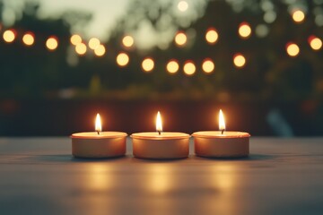 Cozy winter evening with glowing candles and fairy lights