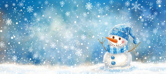 Cheerful snowman with blue accessories welcomes winter with joyful holiday season invitation design