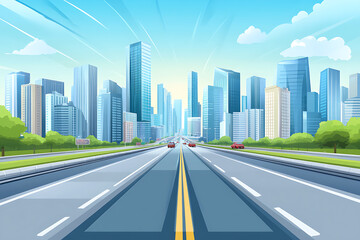 Fototapeta premium A vibrant city skyline with a highway leading towards tall buildings and a clear blue sky.