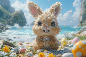 Adorable Fluffy Easter Bunny with Colorful Eggs and Flowers in Vibrant Scenic Beach Setting Under Sunny Blue Sky  cute bunny