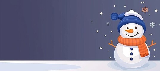 Naklejka premium Festive winter greeting card illustration featuring a joyful snowman in a blue cap and scarf