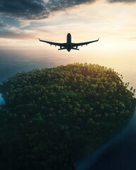 Naklejka premium Airplane flying over a lush tropical island during beautiful sunset