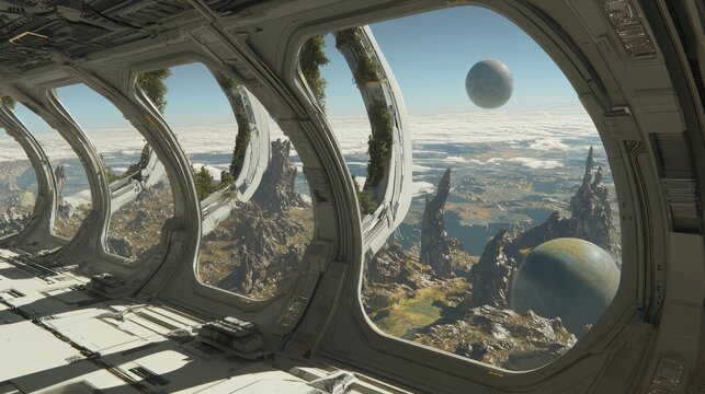 Futuristic Sci-Fi Spaceship Observation Deck with Alien Landscape and Distant Planets View - Ultra-Detailed Ray Tracing Illustration
