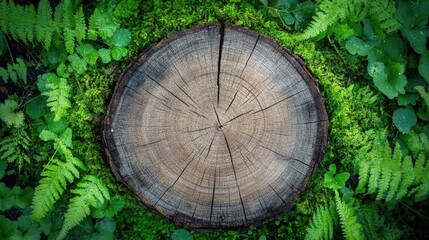 Rustic saw marks on a wooden stump, surrounded by vibrant green moss and ferns in a serene forest.