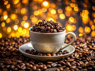 Obraz premium Rich roasted coffee beans cascade into a white cup, capturing a dreamy bokeh backdrop—ideal for coffee enthusiasts and aesthetic photography lovers alike.