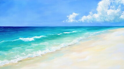 Fototapeta premium Serene white sand beach with gentle waves lapping at the shore, framed by the vibrant colors of a tropical sea.