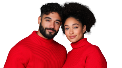 Happy couple in matching red sweaters on transparent background