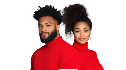 Stylish couple in matching red sweaters on transparent background