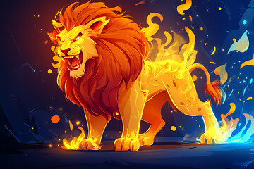 A fiery lion with a vibrant mane, symbolizing strength and power.