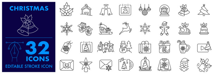 Christmas Editable Stroke Line Icon also includes, Santa, Angel, Nativity, Snowflakes, Gift, Christmas Carols, sledge, garland, Belen portal, gift box, reindeer, star, and more Line Vector