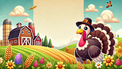 Cartoon turkey in farm scene In style of Whimsical cartoon For Thanksgiving and festive advertising Background