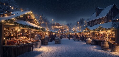 A bustling Christmas market under a starry sky, with rustic stalls selling mulled wine, roasted nuts, and festive decorations.