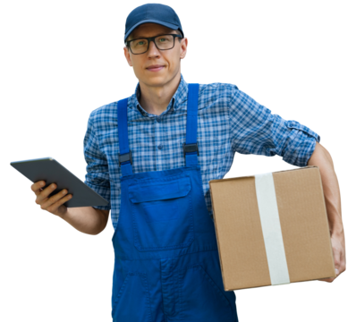 Delivery man in uniform with digital tablet