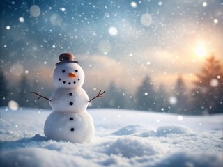 Serene winter wonderland featuring a charming snowman against a snowy backdrop, evoking the spirit of Christmas and creating a festive, cheerful atmosphere for seasonal decor.
