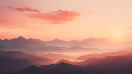 Majestic mountain range at sunrise, pastel watercolor style, soft pink and orange hues, enveloping mist, serene and breathtaking scenery