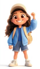 Smiling girl with backpack and raised fist
