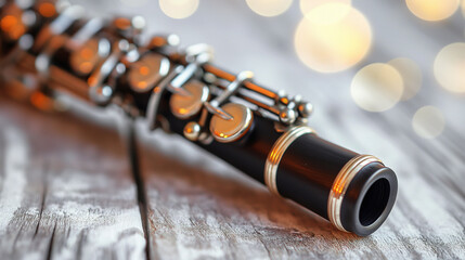 Naklejka premium Detailed close-up of a black clarinet, showcasing its keys and body, isolated on a white background.