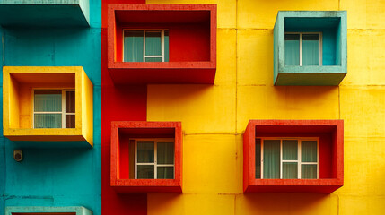 Colorful building facade with square windows.