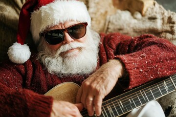 Santa Claus is lounging with a guitar, wearing stylish sunglasses and a red knitted sweater. The relaxed vibe adds a modern twist to the traditional holiday scene.