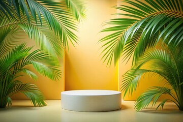 Obraz premium Sleek minimalist podium adorned with palm branches, ideal for clean presentations, event displays, and contemporary brand promotion, enhancing any modern setting with elegance.