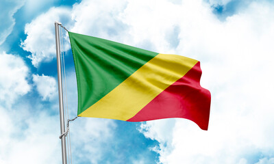 Congo Republic flag waving on sky background. 3D Rendering