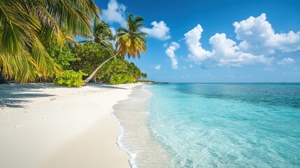 Fototapeta premium Soft white sands and crystal-clear tropical waters under a bright blue sky, evoking the perfect summer vacation setting.