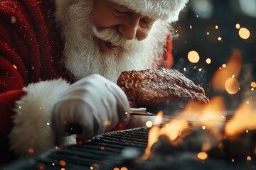 Santa Claus joyfully grills a succulent piece of meat over the fire, surrounded by warm holiday bokeh lights, capturing the essence of festive culinary delight.