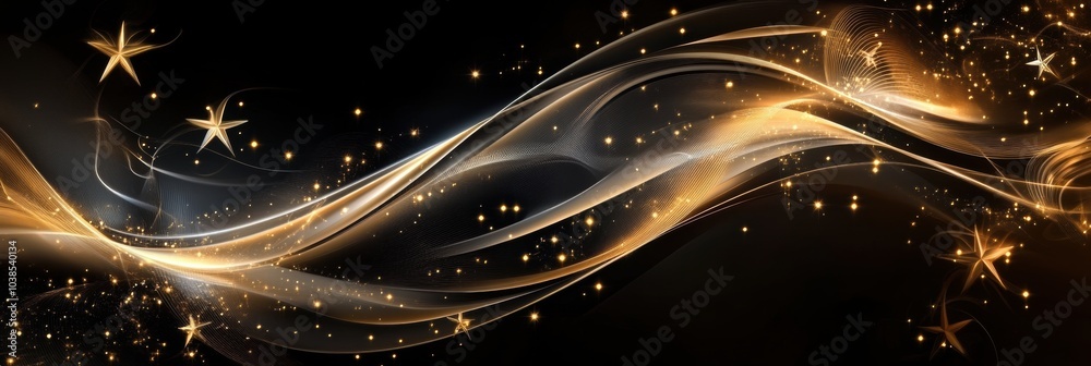 Poster golden spirals and shimmering stars blend on a dark canvas, evoking a magical christmas ambiance thr