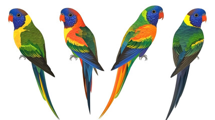 Obraz premium Four colorful parrots in a row on a white background.