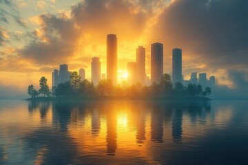 Fototapeta premium Serene sunset over a city skyline with reflections on calm waters in the early evening