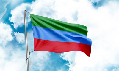 Dagestan flag waving on sky background. 3D Rendering