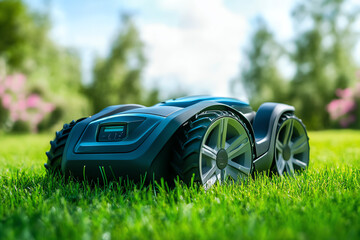 A robotic lawn mower on lush green grass, designed for efficient gardening and modern landscaping tasks.