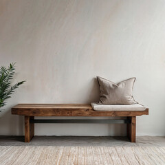 A minimalist wooden bench with a small shelf underneath, designed for entryway storage, set on a white background.