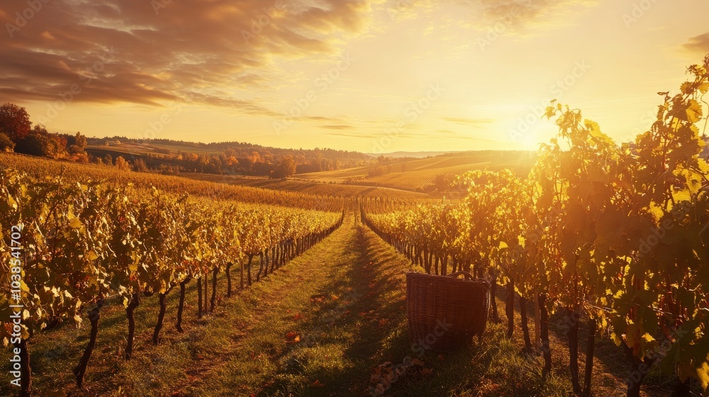 Poster a serene vineyard at sunset with rows of grapevines stretching into the distance, pruning shears and