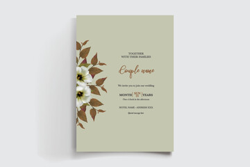 WEDDING INVITATION FRAME WITH FLOWER DECORATIONS AND FRESH LEAVES 