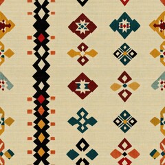 Obraz premium Vintage tapestry embroidered geometric border pattern on vintage beige fabric background, seamless repeating pattern, textile print style, minimal, tapestry design, seamless embroidered geometric