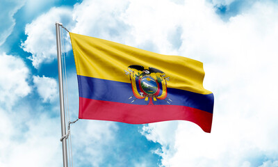 Ecuador flag waving on sky background. 3D Rendering