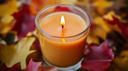 Warmly lit candle in a glass, surrounded by vibrant autumn leaves, creating a cozy autumn atmosphere.
