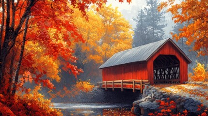 Red Covered Bridge in Autumn