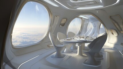 Naklejka premium Futuristic Sci-Fi Spaceship Dining Area with Stunning Outer Space Views - Ultra-Detailed Illustration