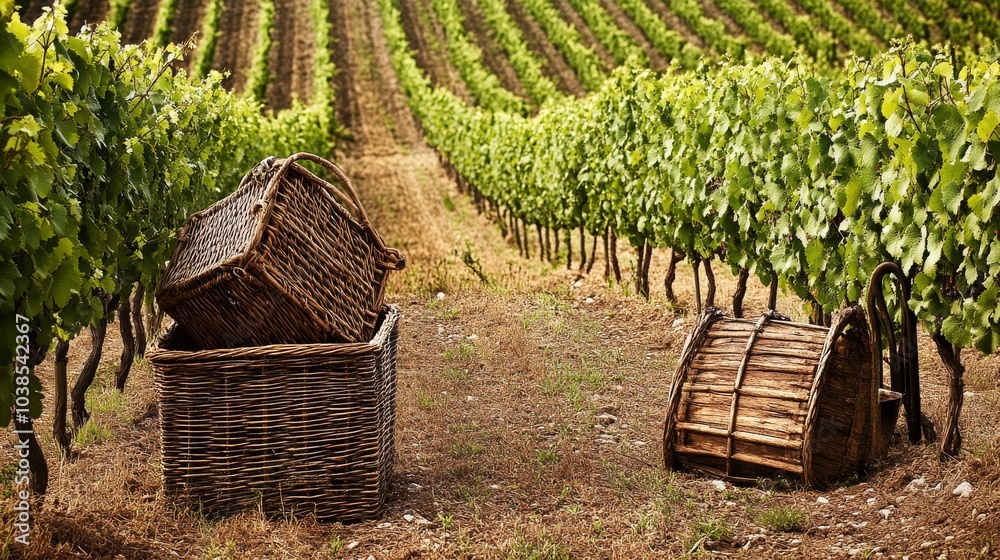 Aufkleber a serene vineyard with neatly aligned rows of grapevines, viticulture tools and harvest baskets set 