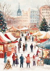 Obraz premium A vibrant winter market scene with festive stalls and people enjoying the holiday atmosphere in a snowy setting.