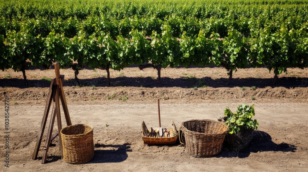 Aufkleber a serene vineyard with neatly aligned rows of grapevines, viticulture tools and harvest baskets set 