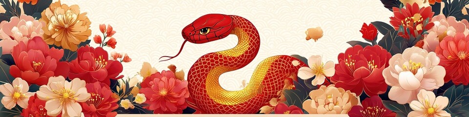Fototapeta premium Red snake among colorful flowers on textured background