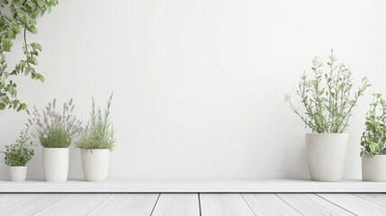 Fototapeta premium White wooden table against a seamless white wall, providing a clean and simple backdrop for product displays.