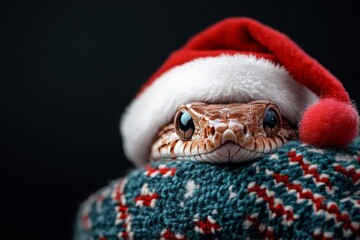A close-up of a snake's head poking out from a colorful knitted sweater, wearing a cute Santa hat, perfectly blending holiday spirit with nature's charm.