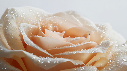 Fototapeta premium A close-up of a rose with dewdrops on its velvety petals, the white background enhancing the contrast and detail of the flower, soft lighting and high detail.