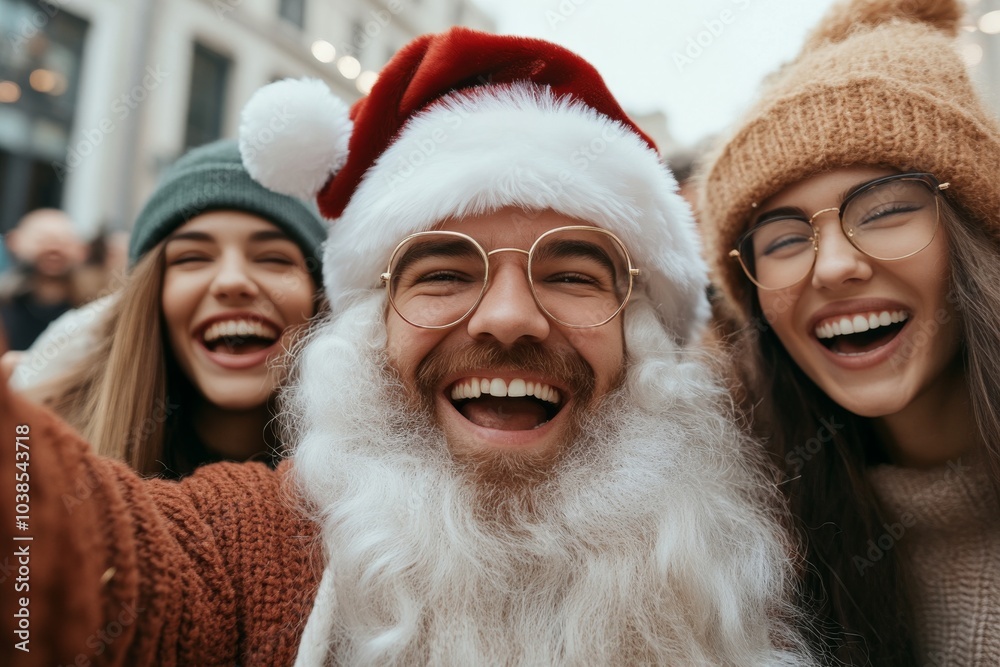 Wall mural a group of friends, including a beaming santa claus, take a cheerful selfie in a bustling city stree